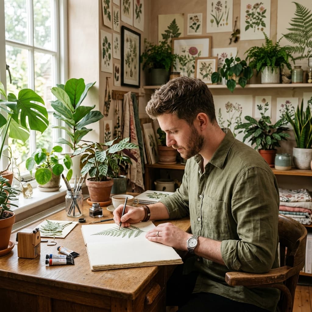 Designer sketching botanical art in studio
